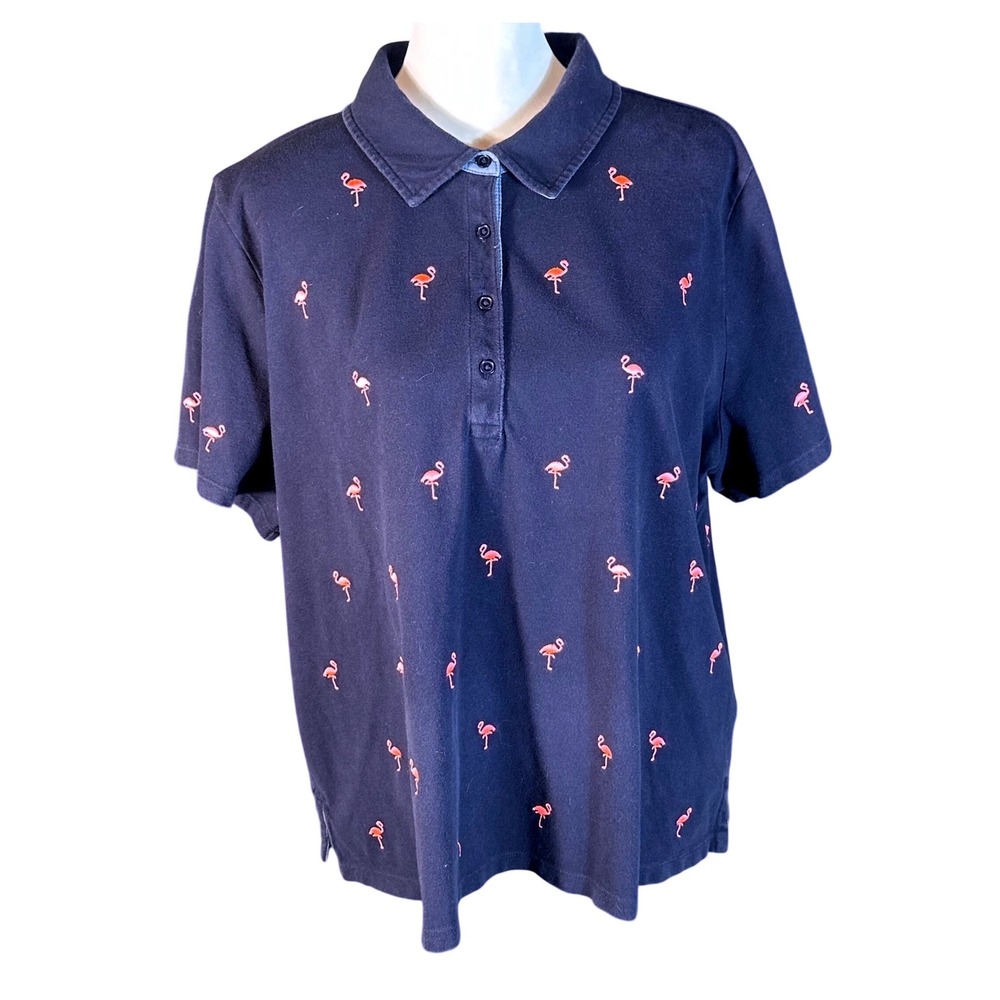 Talbots Polo Shirt Women 3XP Navy Blue Flamingo Embroidered Short Sleeve Pique